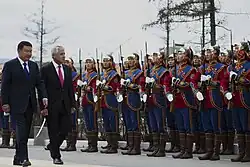 Defense Secretary Chuck Hagel and Defense Minister Dashdemberal Bat-Erdene review the State Honor guard at the defense ministry headquarters.