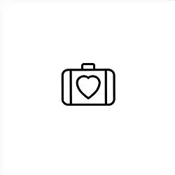 A simple line drawing of a piece of luggage with a heart icon on it