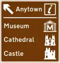 Motorway junction ahead leading to a town or geographical area containing several tourist attractions and a Tourist Information Point or Centre