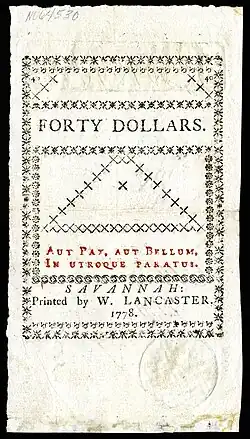 Georgia colonial currency, 40 dollars, 1778 (reverse)