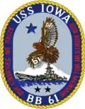 Seal of the Battleship USS Iowa (BB-61), featuring a blue and gold trim around a small image of the battleship and an eagle in the air. The words "USS Iowa" and "BB 61" can be seen at the top and bottom of the circle, while the left and right of the circle contain the words "our liberties we prize" and "our right we will defend", respectively.