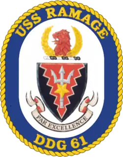 USS Ramage: Azure, on a pile indented Gules fimbriated Argent, a trident head of the like surmounted by a mullet of five points one point to base Or.