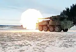 An M1128 mobile gun system undergoes cold weather live-fire testing at ARTC.
