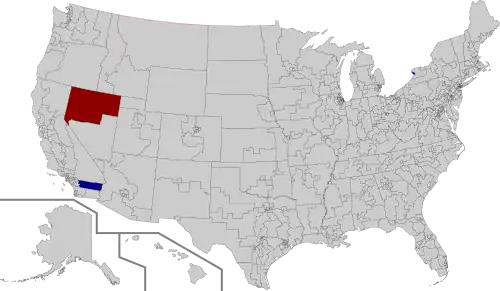 2011 U.S. House special election results map: Red: Republican holds, Blue: Democratic holds, Gray: No election