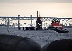 Miami returns home to Submarine Base New London following a five-month deployment conducting operations in the United States Sixth Fleet area of responsibility. (15 December 2011)