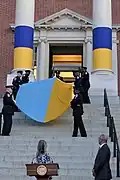 Maryland State House Ukraine Solidarity Vigil; note different shades of blue and yellow (2022)
