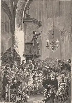 Gravure représentant une église comble de femmes; l'une d'entre elles prend la parole depuis la chaire.