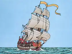 Drawing of a wooden ship with a unicorn figurehead sailing in the sea