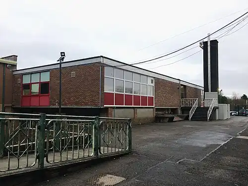 Side view of the older section of Adeilad Uniondeb.