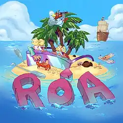 The cover artwork for "Róa". The cover features cartoon versions of the members of Væb stranded on an island with their boat.