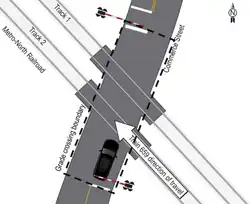 Black and white map of crash site showing the tracks, road, location of gates, Brody's vehicle and the direction of the train