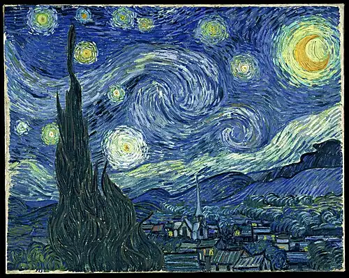 Starry Night by Vincent van Gogh (1889) features yellow stars and a yellow moon.