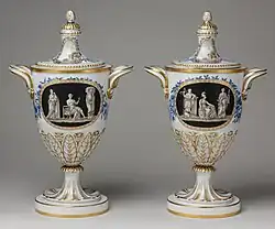 Neoclassical vases with covers; 1784-1795; soft-paste porcelain; height (with cover): 47.6&nbsp;cm; made at the Real Fábrica del Buen Retiro; Metropolitan Museum of Art