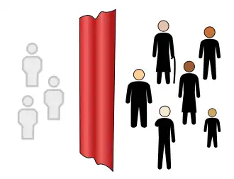 Illustration showing two groups and a veil separating them: the first group at left are uniform figures, while the group at right are more diverse in terms of gender, race, and other qualities