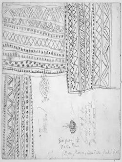Pencil illustration of geometric linear patterns decorating a piece of nineteenth century paper. The geometry is made up of a range of detailed zig-zag patterns. The bottom right quarter of the rectangular piece of paper has small inscribed notes.