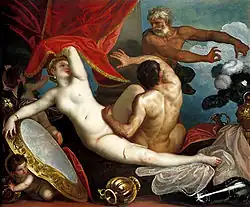 In a painting, a naked woman reclines on a bed. Her gaze is averted from a muscular, bearded, older man, who gestures decisively. A naked man reclines beside the woman, holding her protectively.