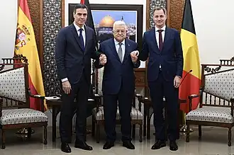 Pedro Sánchez, Mahmoud Abbas, and Alexander De Croo, 23 November 2023