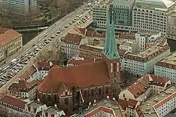 Aerial view of the Nikolaikirche in the Nikolaiviertel