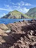 Volcanic rocks of the tide pools, with Old Booby Hill beyond