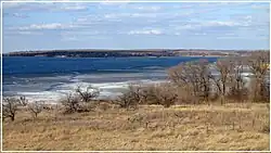 View of Nizhnyi Rohachyk from across the Kakhovka Reservoir