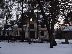 A villa in winter with pines