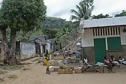 View of houses in a village with a hilly jungle background