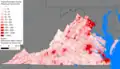 Population density of Virginia by census tract in 2020.