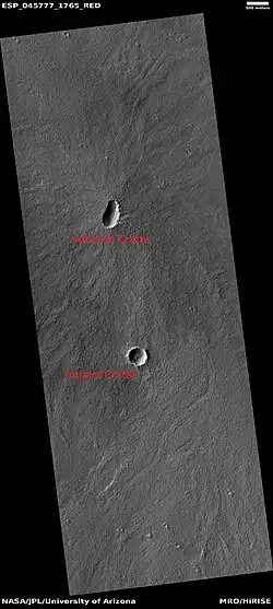 Volcanic crater (upper) and impact crater (lower). Image about 5 km across.
