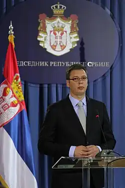 A photograph of Aleksandar Vučić during consultations with Tomislav Nikolić