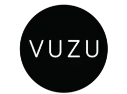 A black disc displays the name of the network, Vuzu, in all capital white letters.