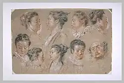 Studies of Women's Heads and a Man's Head; by Antoine Watteau; first half of the 18th century; sanguine, black chalk and white chalk on gray paper; 28 × 38.1&nbsp;cm