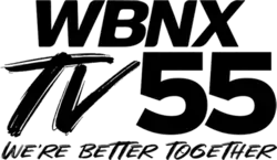 On top, the letters W B N X in a slightly oblique font. Underneath, the letters "TV" in in a loose, scratchy design and "55" at right. Underneath is the handwritten text, "WE'RE BETTER TOGETHER"