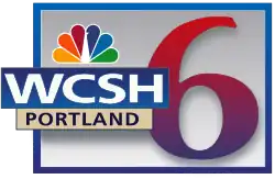 In a blue box with gray trim, the letters WCSH in a sans serif next to a serif 6 in a red-purple gradient and the NBC peacock.