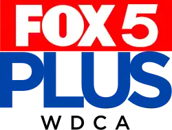 In a red box, the Fox 5 logo horizontally in white, with a blue lettering "PLUS", tightly kerned, below and outside of the box. Beneath are the letters W D C A in a black sans-serif.