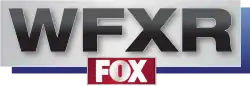 In a silver box with a blue drop shadow, the black letters WFXR in a sans serif. Mounted below and slightly overlapping is a red box with the Fox network logo in white.