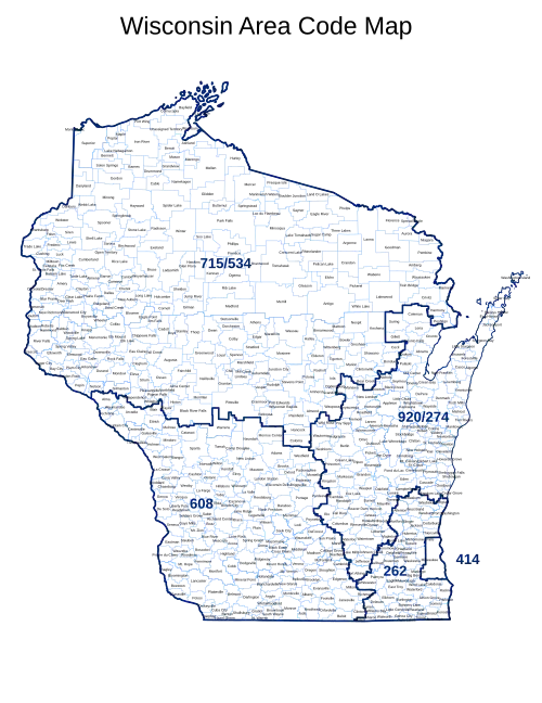 Map of Wisconsin showing area codes