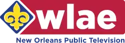 A yellow fleur-de-lis in a blue rounded diamond. Adjacent is a red swallowtail with white letters w l a e and beneath the words "New Orleans Public Television".