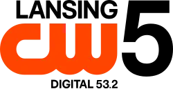 The CW logo, an orange thick logo with the letters C and W connected, in the lower left. Above it, right-aligned, is the word Lansing capitalized in a sans serif, and below it are the words "Digital 53.2" in smaller print. To the right of both, full-height, is a sans-serif numeral 5.