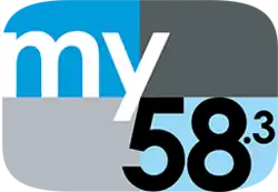 A rounded rectangle divided into blue and gray parts with the word "my" in white and a black "58" with superscript ".3" in the lower right