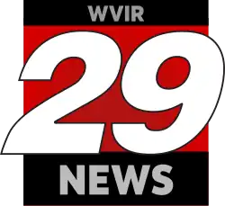 A red rectangle with black top and bottom. At the top are the letters W V I R in a sans serif. Sitting over the red area and extending out from the frame is an italicized white 29. At the bottom is the word NEWS.