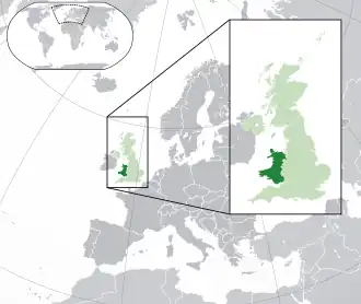Location of Wales (dark green) – in Europe (green & dark grey) – in the United Kingdom (green)