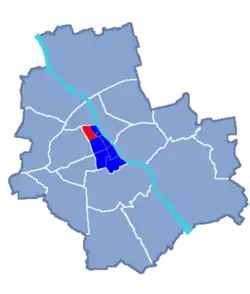 Location of Muranów neighbourhood (red) in the District of Śródmieście, Warsaw (navy blue)