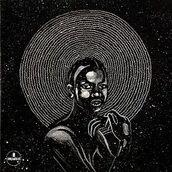 A drawing of a nude Black person with pitch black skin that resembles rubber, posed in front of a series of white concentric circles over a white-specked black background.