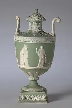 Covered Wedgwood urn; c.1800; jasper ware with relief decoration; overall: 19.7 cm; Cleveland Museum of Art, Cleveland, Ohio, US[97]