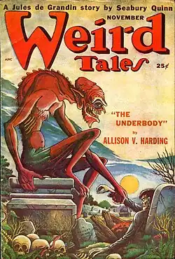 A pulp magazine cover from 1949, featuring a large humanoid figure in red, reaching down to hold the hand of a small boy