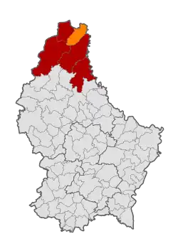 Map of Luxembourg with Weiswampach highlighted in orange, and the canton in dark red