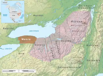 Color map of New York with Wenro territory highlighted from the mouth of Buffalo Creek east to the Genesee River