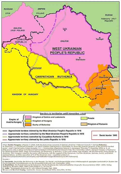 Division of Bukovina (orange) as claimed by the West Ukrainian People's Republic (black interrupted line)