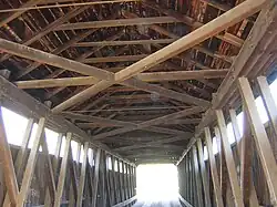 Whites Bridge interior showing diagonal members on sides and horizontal diagonal roof support, forming the top of the box truss