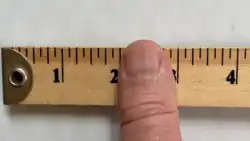 Man's thumb on a wooden ruler that is marked in inches